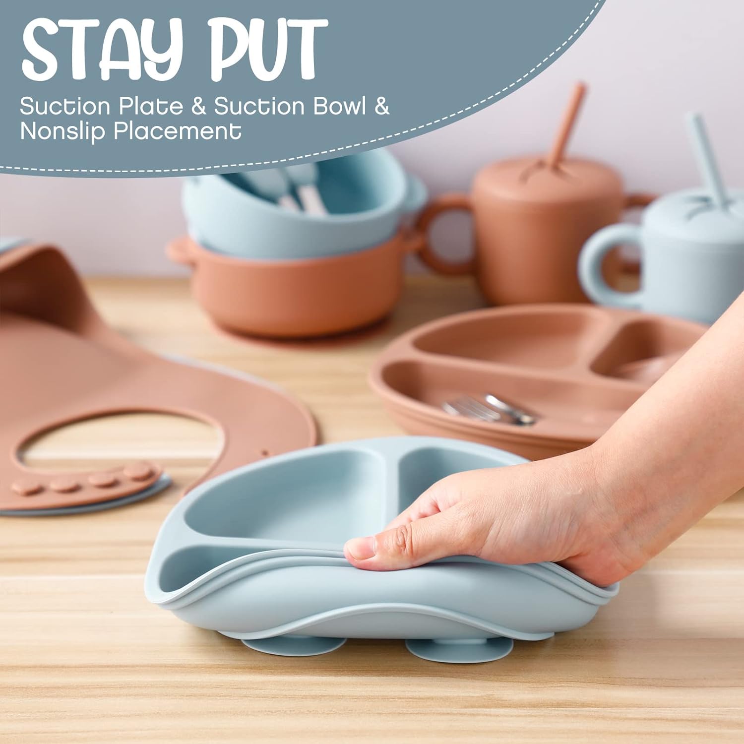 16 Pcs Silicone Baby Feeding Set Baby Led Weaning Supplies Baby Eating Supplies Utensils with Divided Silicone Suction Plates Adjustable Bib Bowl Cutlery Snack Cup Spoons Straw Green Beige 6 Months+ - Image 4